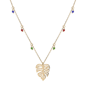 COLLIER ARGENT ET DORURE JAUNE OXYDES  MULTI COULEURS FEUILLE TROPICAL 40+5CM