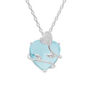 COLLIER ARGENT PLATINÉ PENDENTIF COEUR OXYDE BLEU CIEL AVEC VOLUTE 42+3CM