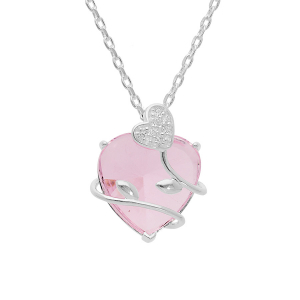 COLLIER ARGENT PLATINÉ PENDENTIF COEUR OXYDE ROSE AVEC VOLUTE 42+3CM