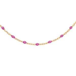 COLLIER ARGENT ET DORURE JAUNE OLIVES RÉSINE FRAMBOISE TRANSPARENT 40+5CM