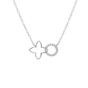 COLLIER ARGENT RHODIÉ FLEUR DECOUPÉE LISSE ET CERCLE OXYDES BLANCS SERTIS 40+4CM