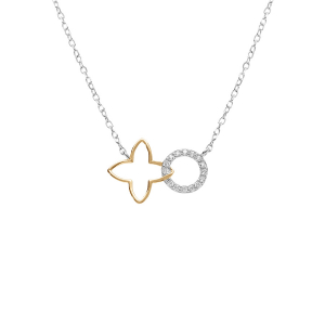 COLLIER ARGENT RHODIÉ ET DORÉ FLEUR DECOUPÉE LISSE ET CERCLE OXYDES BLANCS SERTIS 40+4CM