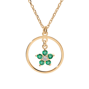 COLLIER ARGENT ET DORURE JAUNE FLEUR OXYDES VERT  40+5CM