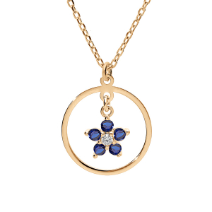 COLLIER ARGENT ET DORURE JAUNE FLEUR OXYDES BLEU  40+5CM