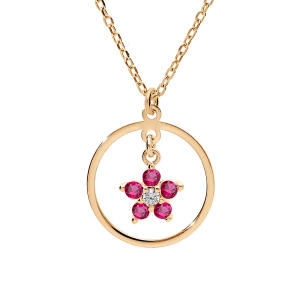 COLLIER ARGENT ET DORURE JAUNE FLEUR OXYDES ROUGE  40+5CM