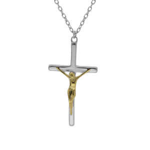 COLLIER ARGENT ET DORURE JAUNE PENDENTIF CROIX 25MM X 15MM  39+4CM