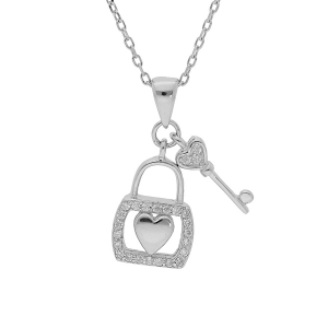 COLLIER ARGENT RHODIÉ PENDENTIF CADENAS COEUR ET CLEF OXYDES BLANCS SERTIS 39+2+2CM