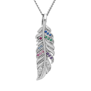 COLLIER ARGENT RHODIÉ PENDENTIF PLUME OXYDES MULTI COULEURS 42+3CM