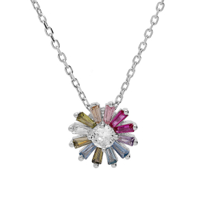 COLLIER ARGENT RHODIÉ PENDENTIF FLEUR OXYDES MULTICOULEURS 39+2+2CM
