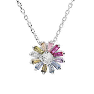COLLIER ARGENT RHODIÉ PENDENTIF FLEUR OXYDES MULTICOULEURS 39+2+2CM