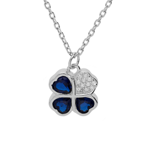 COLLIER ARGENT RHODIE PENDENTIF TREFLE ET COEUR 10MM OXYDES BLEUS 39+2+2CM