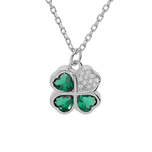 COLLIER ARGENT RHODIÉ PENDENTIF TREFLE ET COEUR 10MM OXYDES VERTS 39+2+2CM