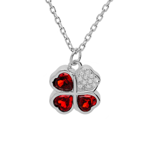 COLLIER ARGENT RHODIÉ PENDENTIF TREFLE ET COEUR 10MM OXYDES ROUGES 39+2+2CM