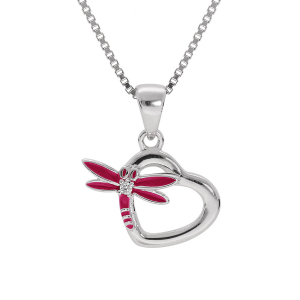 COLLIER ARGENT RHODIÉ PENDENTIF COEUR AVEC LIBELLULE  RÉSINE ROSE 36+2CM