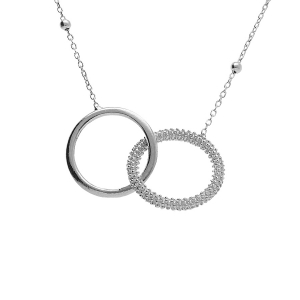 COLLIER ARGENT RHODIÉ CHAINE BOULES 2 ANNEAUX ENTRELACÉS 1 LISSE ET 1 PERLÉ 42+3CM