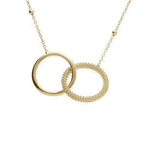 COLLIER ARGENT DORÉ CHAINE BOULES 2 ANNEAUX ENTRELACÉS 1 LISSE ET 1 CERCLE PERLÉ 42+3CM