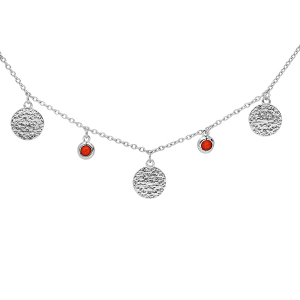 COLLIER ARGENT RHODIÉ PAMPILLES PIERRES SYNTHETIQUE COULEUR CORAIL AVEC PASTILLES ANTIQUES 40+4CM