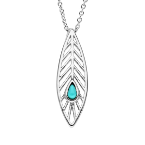 COLLIER ARGENT RHODIÉ PLUME AVEC PIERRE SYNTHETIQUE COULEUR TURQUOISE 40+4CM