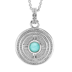 COLLIER ARGENT RHODIÉ FORME RONDE MOTIF GEOMETRIQUE PIERRE AMAZONITE VÉRITABLE 40+4CM