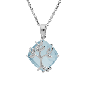 COLLIER ARGENT PLATINÉ PENDENTIF OXYDE BLEU CIEL AVEC ARBRE DE VIE  42+3CM