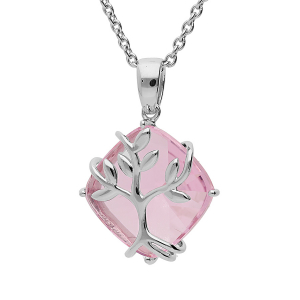 COLLIER ARGENT PLATINÉ PENDENTIF OXYDE ROSE AVEC ARBRE DE VIE  42+3CM