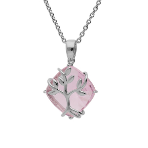 COLLIER ARGENT PLATINÉ PENDENTIF OXYDE ROSE AVEC ARBRE DE VIE  42+3CM