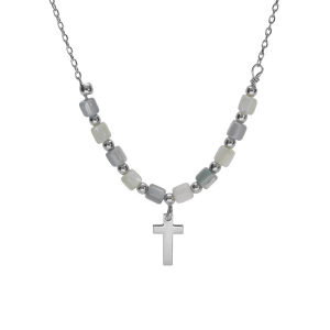 COLLIER ARGENT RHODIÉ CROIX AVEC PERLES NACRE VÉRITABLE BLANCHE ET TEINTÉE BLEU  40+5CM