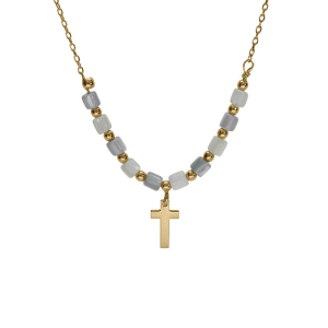 COLLIER ARGENT DORÉ CROIX AVEC PERLES NACRE VÉRITABLE BLANCHE ET TEINTÉE BLEU  40+5CM