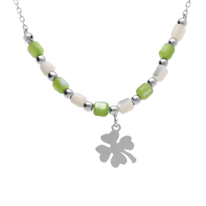 COLLIER ARGENT RHODIÉ PAMPILLE TREFLE ET PERLES NACRE VÉRITABLE BLANCHE ET TEINTÉE VERTE  40+5CM