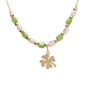 COLLIER ARGENT DORÉ PAMPILLE TREFLE ET PERLES NACRE VÉRITABLE BLANCHE ET TEINTÉE VERTE  40+5CM