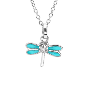 COLLIER ARGENT RHODIÉ LIBELLULE AVEC EMAIL COULEUR TURQUOISE ET OXYDES BLANCS SERTIS 36+2CM