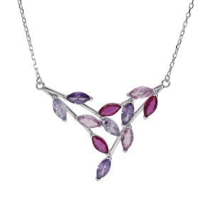 COLLIER ARGENT RHODIÉ FORME POINTE EMPIÉRRÉS VIOLET ROSE FUSCHIA 40+5CM