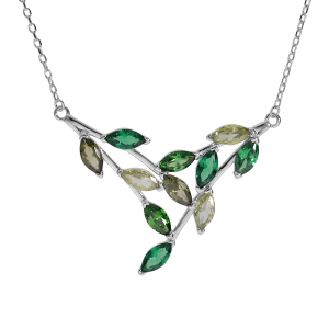 COLLIER ARGENT RHODIÉ FORME POINTE EMPIÉRRÉS VERT CLAIR ET VERT FONCÉ 40+5CM