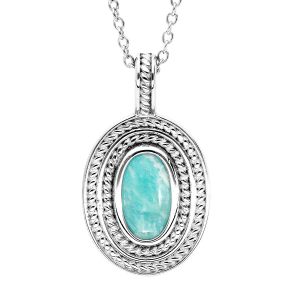 COLLIER ARGENT RHODIÉ PENDENTIF OVALE PIERRE CABOCHON AMAZONITE VÉRITABLE 40+4CM