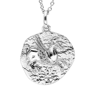 COLLIER ARGENT RHODIÉ PENDENTIF MOTIF MONNAIE GRECQUE CHEVAL AVEC AILE FINITION ANTIQUE 40+4CM