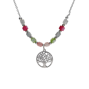 COLLIER ARGENT RHODIÉ ARBRE DE VIE ET PERLES NACRE VÉRITABLE TEINTÉE 40+5CM