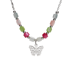 COLLIER ARGENT RHODIÉ PAPILLON ET PERLES NACRE VÉRITABLE TEINTÉE 40+5CM