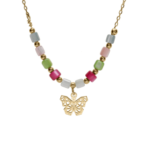 COLLIER ARGENT DORÉ PAPILLON ET PERLES NACRE VÉRITABLE TEINTÉE 40+5CM