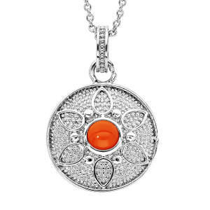 COLLIER ARGENT RHODIÉ PENDENTIF ROND MOTIF FLEUR PIERRE SYNTHETIQUE COULEUR CORAIL 40+4CM