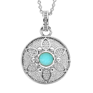 COLLIER ARGENT RHODIÉ PENDENTIF ROND MOTIF FLEUR PIERRE SYNTHETIQUE COULEUR TURQUOISE 40+4CM