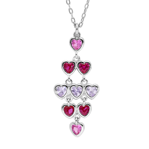 COLLIER ARGENT RHODIÉ PENDENTIF COEURS EMPIERRÉS ROSE ET BLANCS  42+3CM
