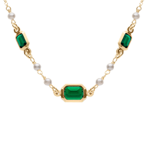 COLLIER ARGENT DORÉ 3 OXYDES VERTS RECTANGULAIRES ET PERLES BLANCHES IMITATION  42+3CM