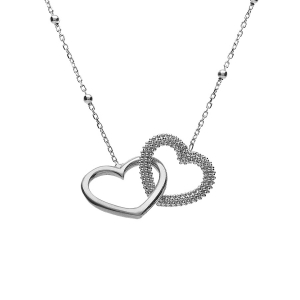 COLLIER ARGENT RHODIÉ CHAINE BOULES 2 COEURS ENTRELACÉS 1 LISSE ET 1 PERLÉ  42+3CM