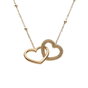 COLLIER ARGENT DORÉ CHAINE BOULES 2 COEURS ENTRELACÉS 1 LISSE ET 1 PERLÉ  42+3CM