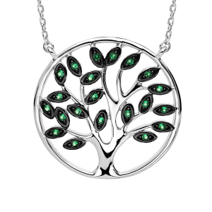COLLIER ARGENT RHODIÉ MASSIF ARBRE DE VIE PIERRES SYNTHETIQUE VERTES 40+5CM