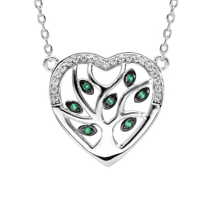 COLLIER ARGENT RHODIÉ COEUR AVEC ARBRE DE VIE PIERRES SYNTHETIQUE VERTES ET CONTOUR OXYDES BLANCS SERTIS 40+5CM