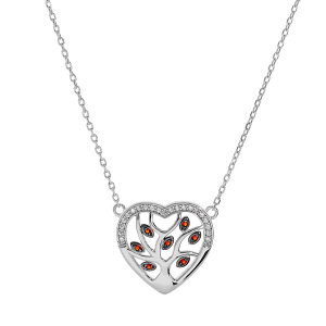 COLLIER ARGENT RHODIÉ COEUR AVEC ARBRE DE VIE PIERRES SYNTHETIQUE ROUGES ET CONTOUR OXYDES BLANCS SERTIS 40+5CM