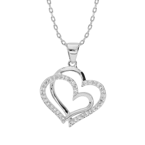 COLLIER ARGENT RHODIE DOUBLE COEUR OXYDES BLANCS SERTIS 40+5CM