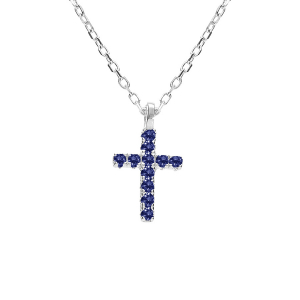 COLLIER ARGENT RHODIÉ PENDENTIF CROIX OXYDES BLEU 42+3CM