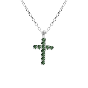 COLLIER ARGENT RHODIÉ PENDENTIF CROIX OXYDES VERT 42+3CM